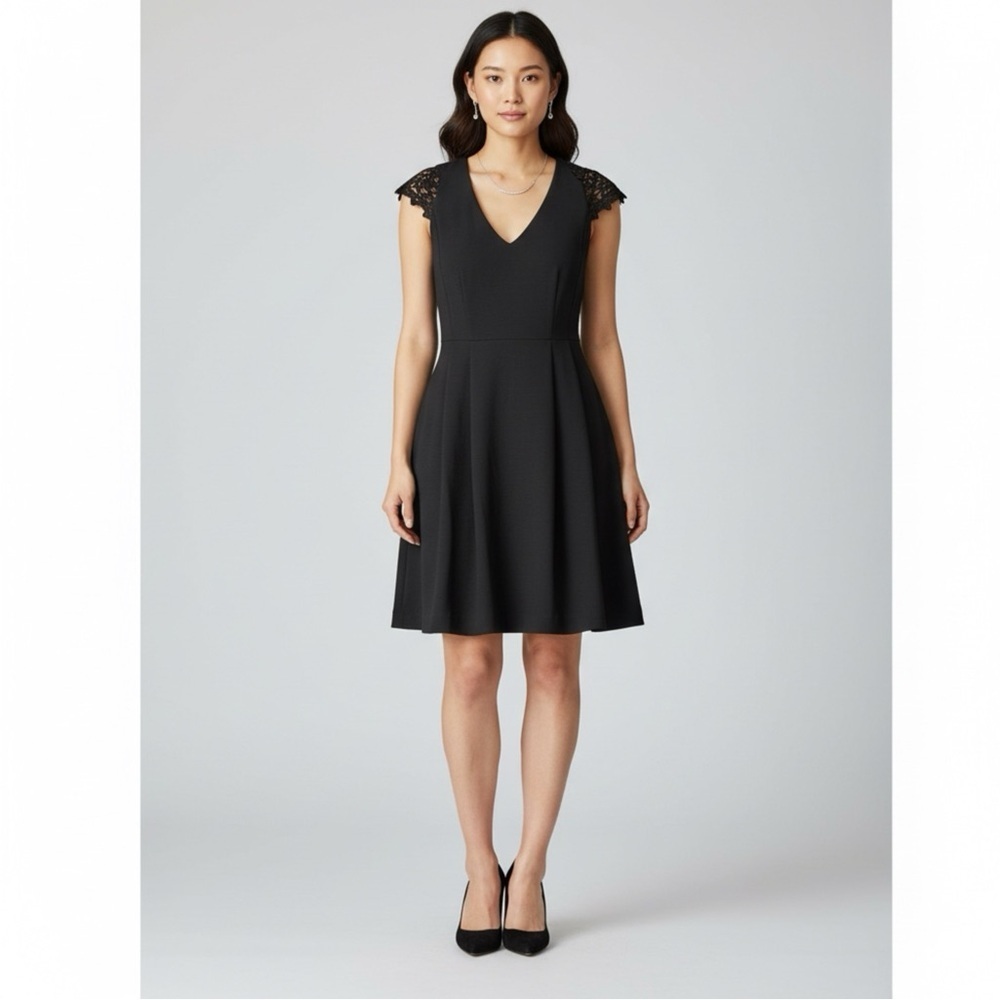 RW & Co Elegant Black Lace Shoulder Dress Size 8